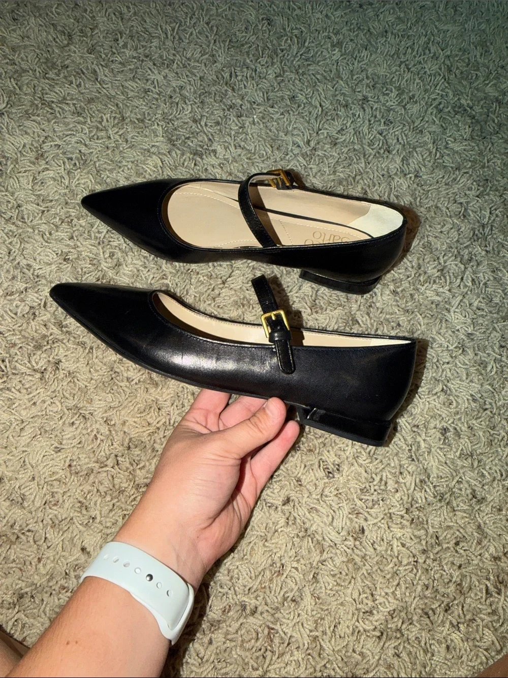 Franco Sarto Black Pointed Mary Jane Flats with Gold Buckle